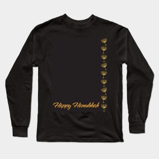 Happy Hanukkah greeting with Golden Menorah illustration on Black background Long Sleeve T-Shirt